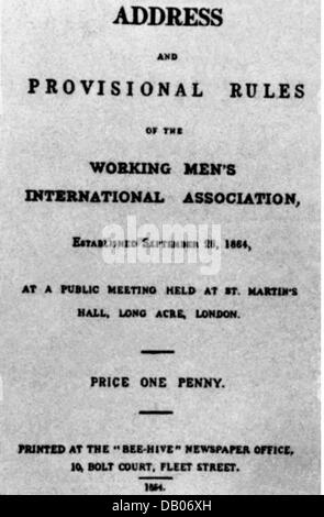 Politique, organisations internationales, Association internationale des travailleurs (IWA), fondation, adresse inaugurale et règles provisoires, Londres, 28.9.1864, droits additionnels-Clearences-non disponible Banque D'Images