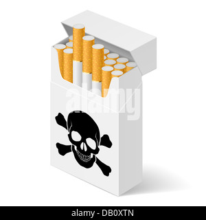 Paquet de cigarettes avec crâne noir. Illustration du designer sur fond blanc Banque D'Images