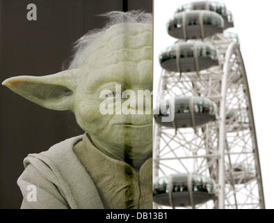 La photo montre le maître jedi Yoda (L), connu de tout le monde de la saga Star Wars, et le London Eye (R) à Londres, Royaume-Uni, 24 octobre 2007. La grande roue de London Eye est situé à la rivière Thames, les banques et les plus grandes ferris roues à ce jour. Photo : Rolf Vennenbernd¿ Banque D'Images