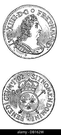 Monnaie / Finances, pièces, France, ecu, par le roi Louis XIV, 1702, droits additionnels-Clearences-non disponible Banque D'Images