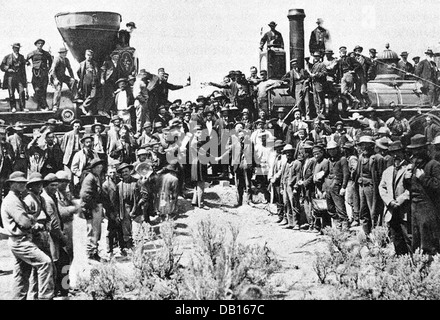 GOLDEN SPIKE de rejoindre l'océan Pacifique central et la Union Pacific Railroad lines à Promontory Summit, Utah, le 10 mai 1869 Banque D'Images