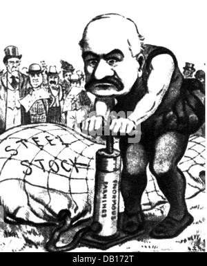 Morgan, John Pierpont Sr., 17.4.1837 - 31.3.1913, banquier et homme d'affaires américain, caricature, pompage de son stock d'acier, dessin, 1901, Banque D'Images