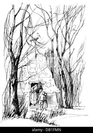 Littérature, conte de fées, frères Grimm, Hansel et Gretel, à la maison de pain d'épice, dessin de Fritz Fischer (1911 - 1968), de: 'Die schönsten Märchen der Brüder Grimm', , droits additionnels-Clearences-non disponible Banque D'Images