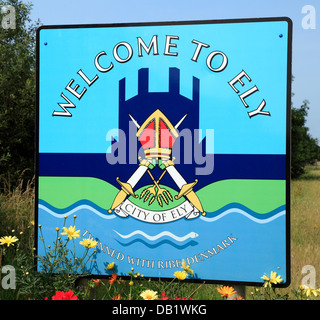 Ely, Bienvenue à Ely road sign, Cambridgeshire, Angleterre Royaume-uni anglais ville villes Banque D'Images