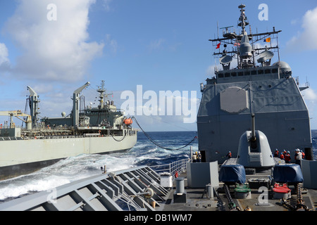 La Marine royale australienne HMAS citernes commerciaux Sirius (O 266) (à gauche) effectue un ravitaillement en mer avec la marine américaine de classe Ticonderoga croiseur lance-missiles USS ANTIETAM (CG 54) au cours de Sabre 2013 Talisman. Sabre est un talisman formation biennal actif Banque D'Images