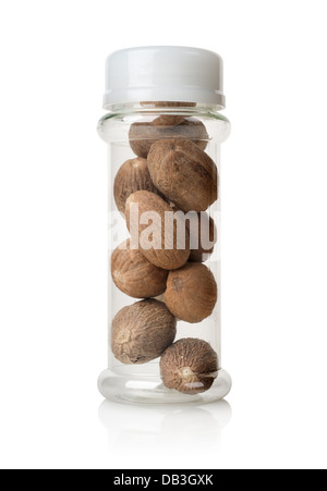 Muscade dans un bocal de verre isolé sur blanc Banque D'Images