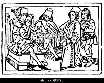 justice, juges, notaire de droit civil et avocat devant le juge, woodcut, de: Rodericus Zamorensis (1404 - 1470): 'Peculum Vitae Humanae', imprimé: J.Bämler, Augsbourg, 1479, droits additionnels-Clearences-non disponible Banque D'Images