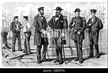 Militaire, uniformes, Allemagne, Empire allemand, uniformes de la Marine impériale allemande, marins, capitaine de corvette, amiral, enseigne, cadet naval, gravure en bois, fin du XIXe siècle, Empire allemand, soldats, soldat, officiers, officier, uniforme, uniformes, sabre, sabres, ancre, ancres, voilier, navires à voile, chapeau, chapeaux, casquette, casquettes, historique, historique, historique, peuple, droits supplémentaires non disponibles Banque D'Images