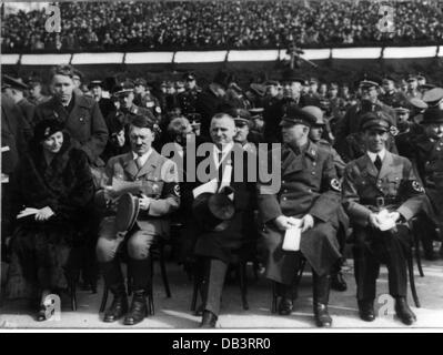 Hitler, Adolf, 20.4.1889 - 30.4.1945, politicien allemand (NSDAP), Chancelier du Reich 30.1.1933 - 30.4.1945, pendant la pose de la pierre d'angle du Mémorial national de Richard Wagner, Leipzig, 6.3.1934, à part: Le maire Karl Goerdeler, Gauleiter de Saxe Martin Mutschmann, ministre de la propagande Joseph Goebbels, Banque D'Images