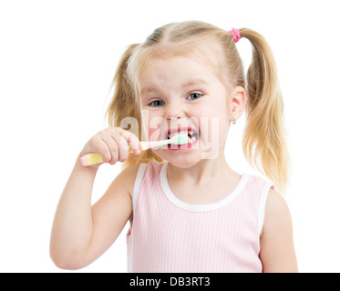 Fille enfant se brosser les dents isolated on white Banque D'Images