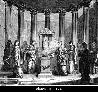 Monde antique, Empire romain, religion, Vestal Virgins gardant le feu perpétuel dans le temple de la Vesta, peinture d'histoire, gravure de bois, 19e siècle, vestal vierges, vestales, Rome, femmes prêtres, temple rituel, lieu de culte, lieux de culte, rituel, cultes religieux, femmes, statue, statues, buste, bustes, adoration, flammes, adoration, culte, flamme, culte, culte, culte, flamme, culte, culte, Monde antique, temps antique, religion, religions, garde, garder, garde, garde, garde, temple, temples, historique, historique, monde antique, peuple, droits additionnels-Clearences-non disponible Banque D'Images