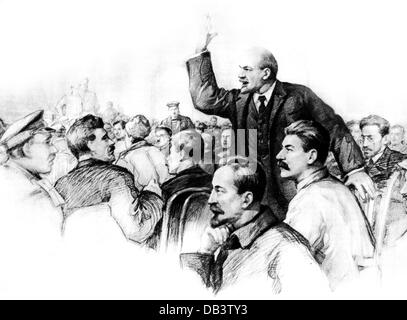Lénine (Vladimir Ilyich Ulyanov), 22.4.1870 - 21.1.1924, politicien russe, demi-longueur, avec Joseph Staline, discours au premier Congrès Tout-russe des Soviets, juin / juillet 1917, dessin de Pyotr Vasilyev (1889 - 1975), XXe siècle, Banque D'Images