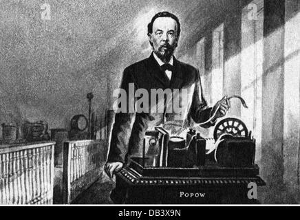 Popov, Alexander Stepanovich, 16.3.1859 - 13.1.1906, scientifique russe (physicien), demi-longueur, avec son récepteur radio, 1895, illustration ultérieure, Banque D'Images