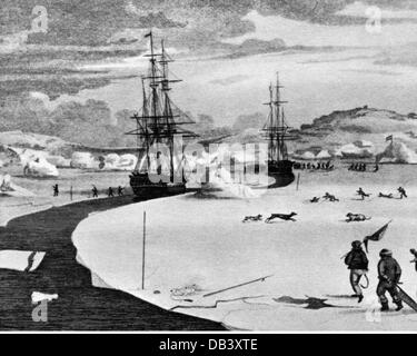 Parry, William Edward, 19.12.1790 - 8.7.1855, explorateur de l'arctique britannique, 4ème expédition à l'Arctis 1824/1825, navires 'Fury' et 'Hecla' près de Somerset Islande, illustration, XIXe siècle, Banque D'Images
