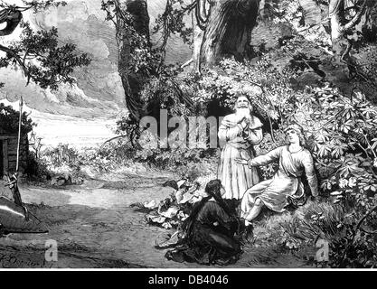 théâtre, opéra, 'Parsifal', par Richard Wagner, lavage des pieds, après dessin, par Emil Doepler le plus jeune, gravure en bois, 19e siècle, droits additionnels-Clearences-non disponible Banque D'Images