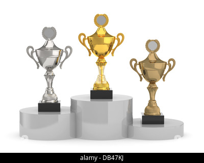 3D render of trophy tasses debout sur le podium Banque D'Images