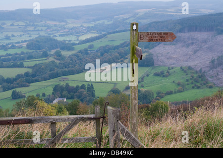 Marquage fingerpost en bois Cleveland Way National Trail dans la belle colline avec panorama pittoresque au-delà - Banque mondiale, Yorkshire, Angleterre. Banque D'Images