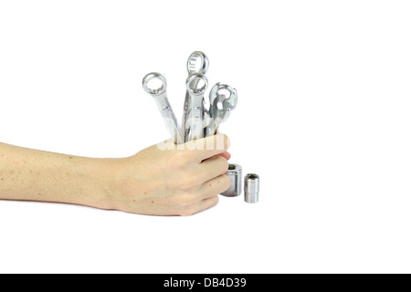 Main tenant un tas d'outils de travail Banque D'Images