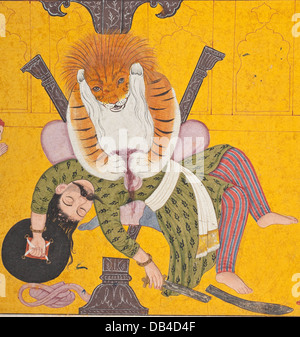 Narasimha éventrer Hiranyakashipu, folio d'un Bhagavata Purana (histoires anciennes de l'Éternel) M.82.42.8 (3 de 5) Banque D'Images