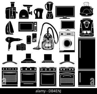 Ensemble d'icônes noires d'appareils ménagers Banque D'Images