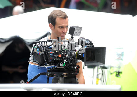 Arnet va filmer une scène sur le plateau du film 'Teenage Mutant Ninja Turtles' dans Times Square, New York le 22 juillet 2013 Banque D'Images