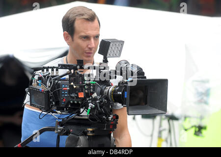 Arnet va filmer une scène sur le plateau du film 'Teenage Mutant Ninja Turtles' dans Times Square, New York le 22 juillet 2013 Banque D'Images