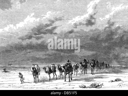 Commerce, transport de marchandises, caravane dans le désert, gravure de bois, 19e siècle, 19e siècle, graphique, graphiques, transport, transport, animal de poche, animaux de paquet, chameau, chameaux, marchand, marchands, Orient, arabe, Arabes, vent, vents, sable, cavalier, cavaliers, équitation, caravane, caravanes, désert, déserts, historique, historique, peuple, droits supplémentaires-Clearences-non disponible Banque D'Images