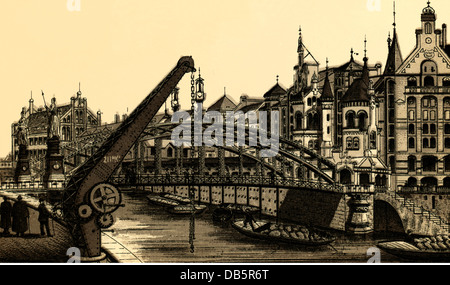 Géographie / Voyage, Allemagne, Hambourg, port libre, la ville dite des entrepôts, le Zollkanal / canal douanier avec pont Brooks, lithographie, vers 1890, droits additionnels-Clearences-non disponible Banque D'Images