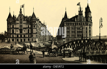 Géographie / Voyage, Allemagne, Hambourg, port libre, la ville dite des entrepôts, la Kehrwiederfleet, lithographie, vers 1890, droits additionnels-Clearences-non disponible Banque D'Images