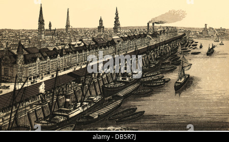 Géographie / voyage, Allemagne, Hambourg, port libre, la ville dite des entrepôts, le Sandtorkai et le Sandtorport, lithographie, vers 1890, droits additionnels-Clearences-non disponible Banque D'Images