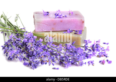 Barres de savon fait à la main et des fleurs de lavande sur fond blanc Banque D'Images