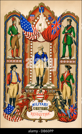 Les uniformes militaires des armées dans la révolution américaine : Jute, American rifleman, français et britannique (sens horaire à partir du haut à gauche. Lithographie couleur Banque D'Images