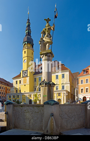 Hôtel de ville sur la place du marché Hauptmarkt avec fontaine, Bautzen, Haute Lusace, en Saxe, Allemagne Banque D'Images