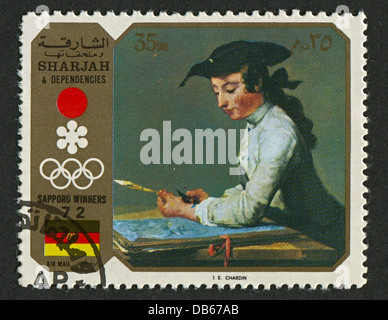 Émirat de Sharjah - circa 1972 : timbre imprimé en Émirat de Sharjah montre l'image de Jean-Baptiste-Siméon Chardin. Banque D'Images