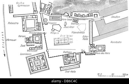 Géographie / Voyage, Grèce, Olympie, plan du site du Saint district, vers 200 AD, dessin, 'Urania', n° 5, 1955, droits additionnels-Clearences-non disponible Banque D'Images