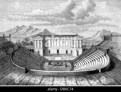 Géographie / Voyage, Italie, ile, Sicile, Segesta, théâtre, construit au 3ème /2ème siècle av. J.-C., vue, reconstruction, gravure en bois, 19ème siècle, Magna Graecia, Grande Grèce, cavea, Orchestre, scène, monde antique, temps antique, architecture grecque, Europe, Europe du Sud, historique, historique, historique, monde ancien, peuple, droits additionnels-Clearences-non disponible Banque D'Images