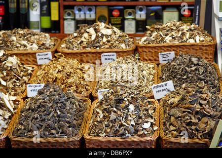 Divers champignons secs à l'intérieur du marché de la boqueria à Barcelone Catalogne Espagne Banque D'Images