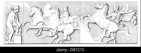 Monde antique, Grèce, religion, procession de la Panathenaea, les équestres, soulagement de Phidias, frise ouest du Parthénon, Athènes, vers 440 av. J.-C., gravure en bois, 1870, droits additionnels-Clearences-non disponible Banque D'Images