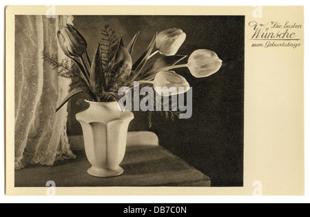 Festivités, carte de voeux anniversaire, 'Die besten Wünsche zum Geburtstage' (meilleurs voeux pour votre anniversaire), tulipes dans vase, carte postale, Allemagne, années 1930, droits additionnels-Clearences-non disponible Banque D'Images