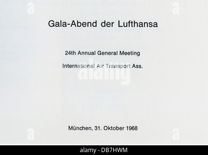 Gastronomie, menu, soirée de gala de la Lufthansa, à l'occasion de la 24e assemblée générale annuelle de l'IATA, couverture, Hotel 'Bayerischer Hof', Munich, 31.10.1968, droits supplémentaires-Clearences-non disponible Banque D'Images