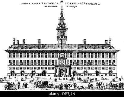 Commerce, société de commerce, Hanse, immeuble de bureaux à Anvers, gravure, 1563,commerce, société de commerce, sociétés de commerce, société en nom collectif, Hanse, Ligue hanséatique, immeuble de bureaux à Anvers, gravure, 1563, droits additionnels-Clearences-non disponible Banque D'Images