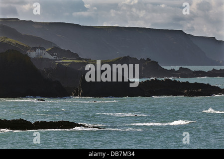 Les falaises escarpées de la côte atlantique, qui surplombent Hartland point en direction de Hartland Quay, près de Bideford, nord du Devon, Grande-Bretagne. Banque D'Images