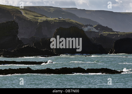 Les falaises escarpées de la côte atlantique, qui surplombent Hartland point en direction de Hartland Quay, près de Bideford, nord du Devon, Grande-Bretagne. Banque D'Images