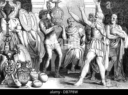 Marcus Aurelius Antoninus, 26.4.121 - 17.3.180, empereur romain 7.3.161 - 17.3.180, ayant l'inventaire de son palais vendu aux enchères, Rome, vers 175, gravure sur bois, XIXe siècle, Banque D'Images