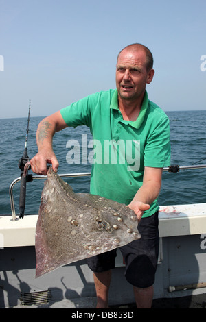 Fisherman Holding Thornback ray Raja clavata Banque D'Images