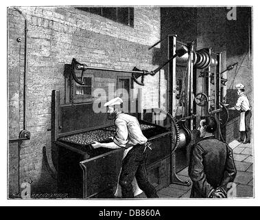 Industrie, alimentation, éponge, biscuit usine de Langnese, Eppendorf, vue intérieure, bouche de deux fours de cuisson continue, gravure en bois, 1884, droits additionnels-Clearences-non disponible Banque D'Images