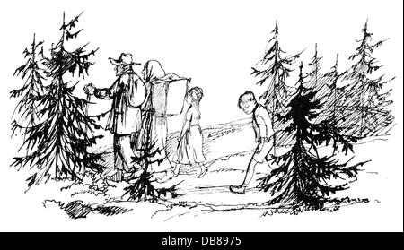 Littérature, conte de fées, frères Grimm, Hansel et Gretel, avec leurs parents dans les bois, dessin de Fritz Fischer (1911 - 1968), de: 'Die schönsten Märchen der Brüder Grimm', , droits additionnels-Clearences-non disponible Banque D'Images