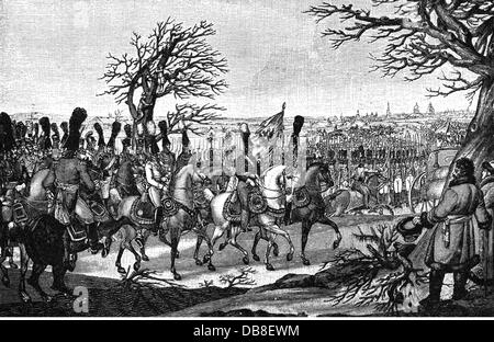 Frédéric-guillaume III, 3.8. 1770 - 7.6.1840, le roi de Prusse 16.11.1797 - 7.6.1840, visite en Russie, la réception par le Tsar Alexandre I à l'extérieur de Saint-Pétersbourg, 7.1.1809, contemporaine gravure sur cuivre par Gottfried Arnold Lehmann après tirage par Ulrich Wolf Ludwig, auteur de l'artiste n'a pas à être effacée Banque D'Images