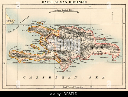 La carte d'Hispaniola, y compris Haïti et Saint-Domingue, 1870. Lithographie couleur Banque D'Images