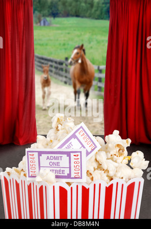 Popcorn et billets au cinéma Banque D'Images